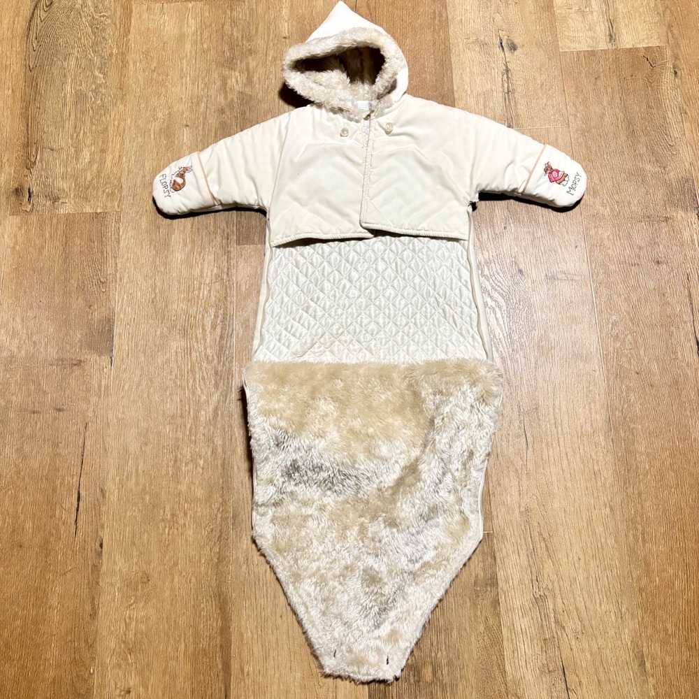 VTG Beatrix Potter Baby Bunting Snowsuit Peter Rabbit Embroidery Fur Hand Covers - Picture 8 of 13